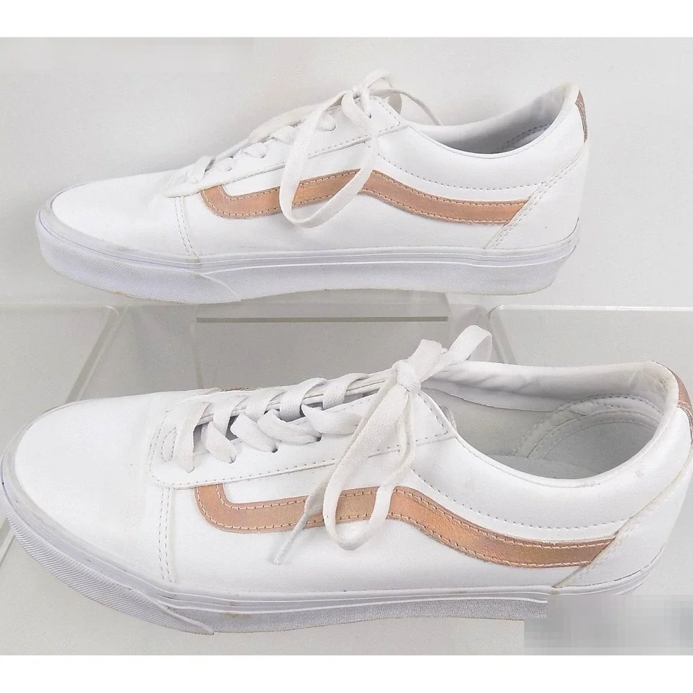 Vans Ward White Leather Rose Gold Metallic Stripe Sneakers Womens 11 Low Top